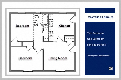 Floor plan for 2 beds, 1 bath, 844 sqft